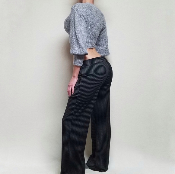 VINTAGE 90s Dori Goth Black White Pinstripe Stretchy Flare Wide Leg Trousers - Picture 3 of 11